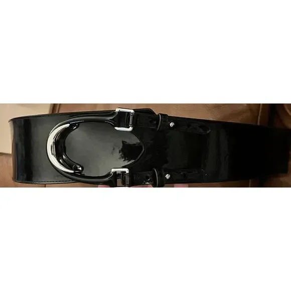 Lauren Ralph Lauren Patent Leather Stretch Corset Horse Shoe Black Belt XL